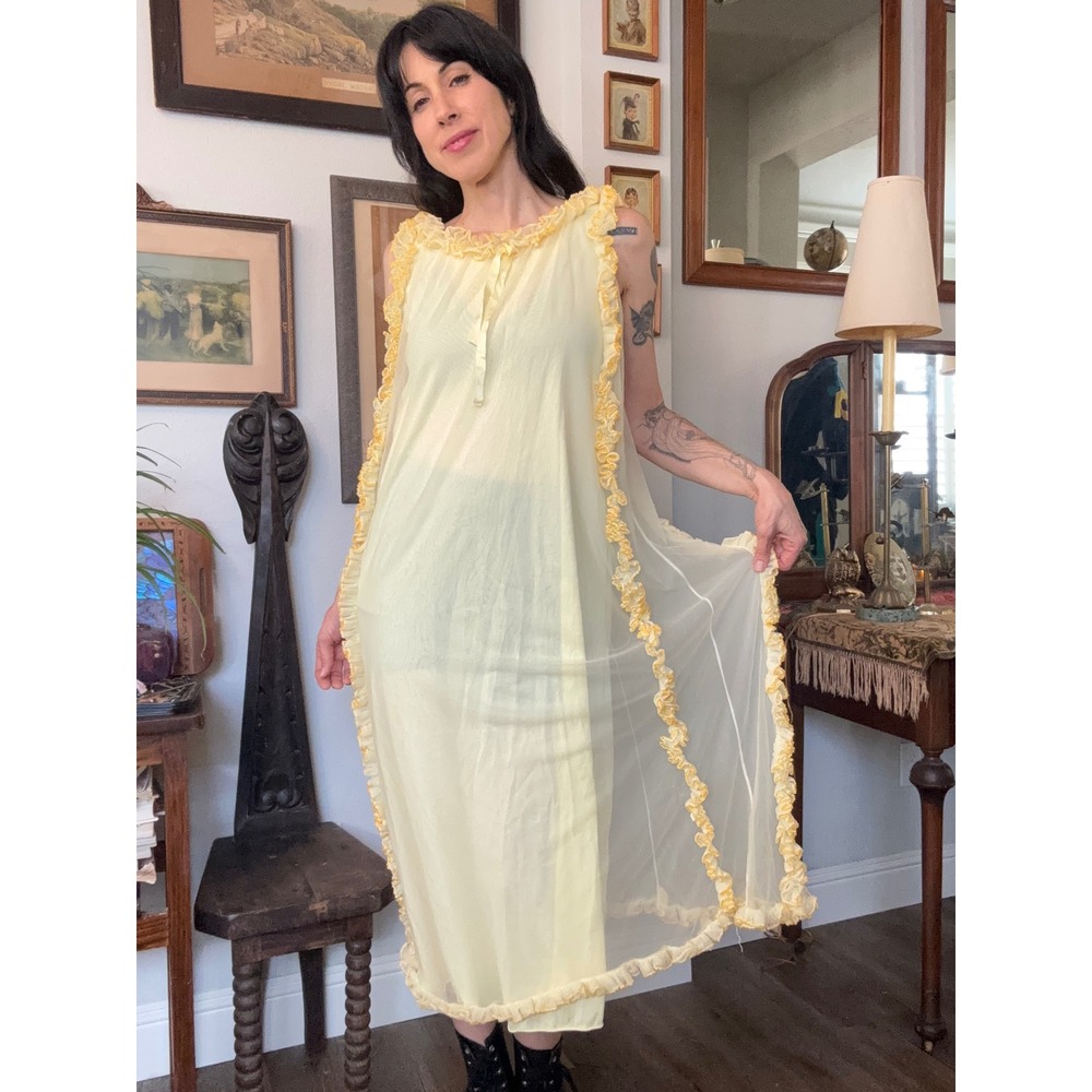 Vintage 60s 70s Shirey Yellow Sheer Ruffle long Nightgown Mesh Overlay